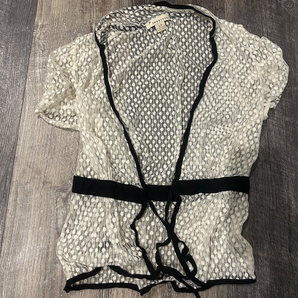 Forever 21 Cream Polka Dot Sheer Cardigan with Black Trim